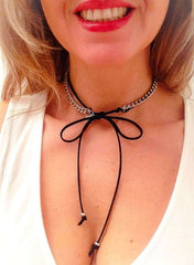 Choker with deerskin leather and silver or gold chain. Black choker, leather choker, choker necklace, coachella jewelry in 8 colors. - Necklace - British D'sire