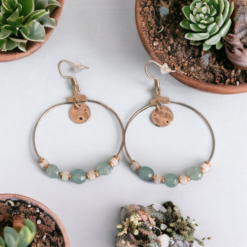 Clover Bohemian Creoles with Stamps and Pearls Earring | Women's Jewellery | Gold Creoles | Gold Jewellery | Gift Jewelry | Women's Gift | Bohemian jewel - Earrings - British D'sire