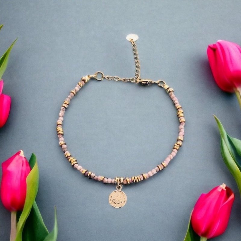 Clover Bracelet Made of Pink Rhodochrosites Beads | Women's Bracelet | Magical Natural Stones and 24K Gold Plated Heishi Beads - Bracelet - British D'sire