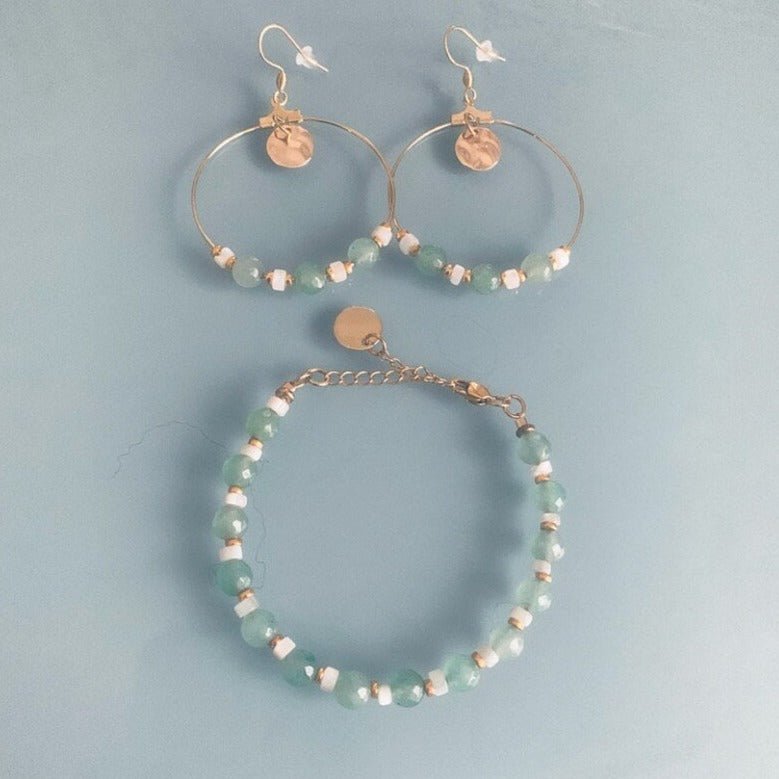 Clover Creole Jewelry Set and Aventurine with Gold Pearl Bracelet | Pearl Bracelet | Women's Gift Idea | Gift Jewelry - jewelry set - British D'sire