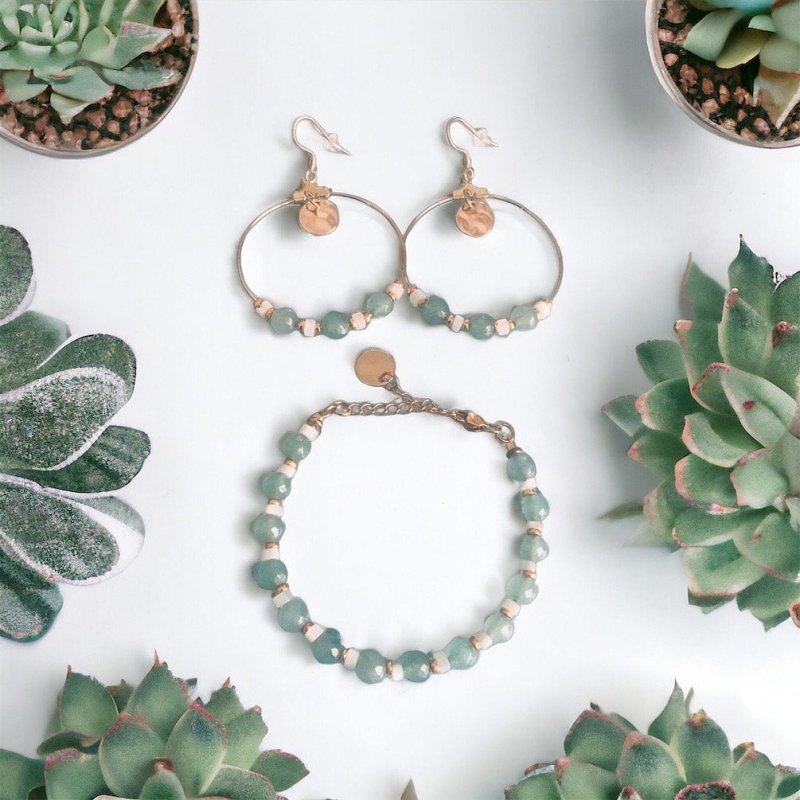 Clover Creole Jewelry Set and Aventurine with Gold Pearl Bracelet | Pearl Bracelet | Women's Gift Idea | Gift Jewelry - jewelry set - British D'sire