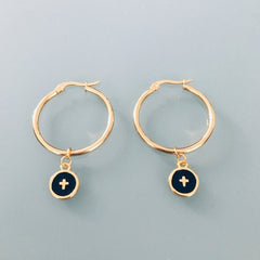 Clover Cross Hoop Earrings | Golden Cross Hoop Earrings and Black Pearls | Golden Hoop Earrings | Golden jewelry | Gift Jewelry | Women's Gift - Earrings - British D'sire