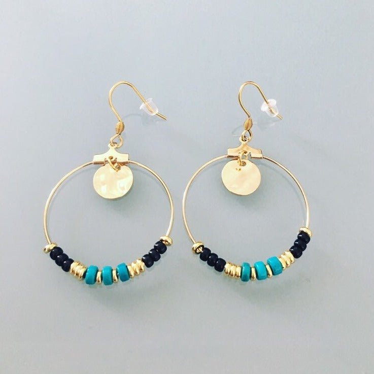 Clover Ethnic Golden Hoop Earrings in Stainless Steel With Gold and Turquoise Heishi Pearls | Women's jewelry | Christmas Gift | Women's Gift - Earrings - British D'sire