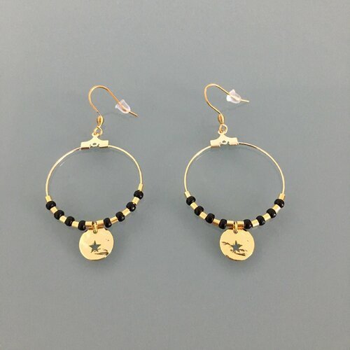 Clover Hoop Earrings with Golden Star and Black Pearls | Jewelry for women, golden creoles - Earrings - British D'sire Main image