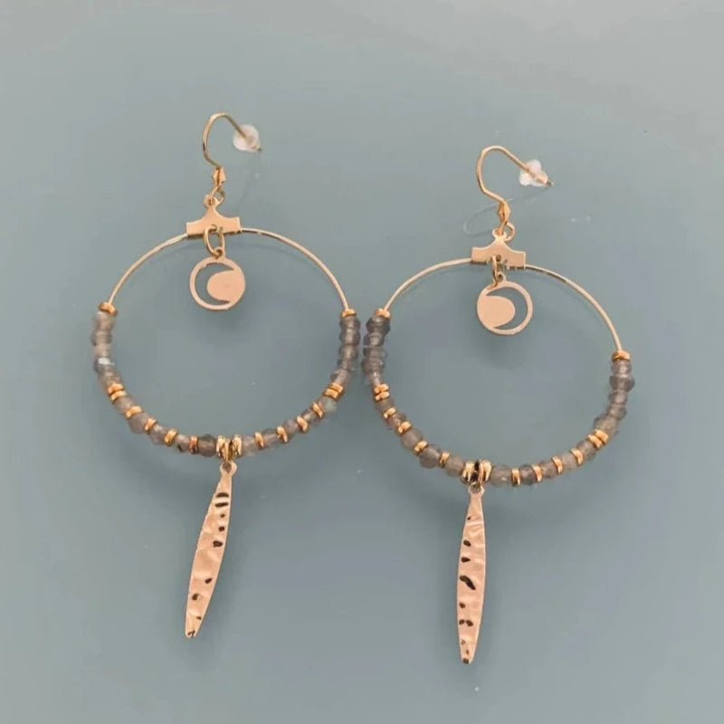 Clover Labradorite Bohemian Creole Earrings with Tassels and Pearls Secondary image