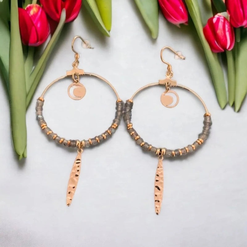 Clover Labradorite Bohemian Creole Earrings with Tassels and Pearls - Earrings - British D'sire Main image