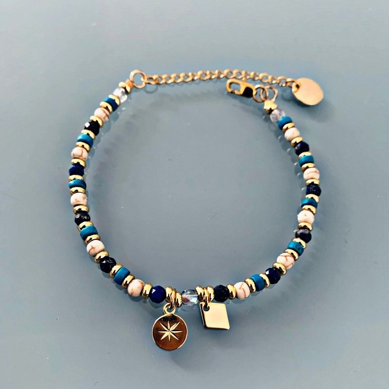 Clover Lapis Lazuli and Wind Rose Bracelet | Woman Curb Bracelet Magic Natural Stones and 24K Gold Plated Heishi Beads | Golden Bracelet - Bracelet - British D'sire
