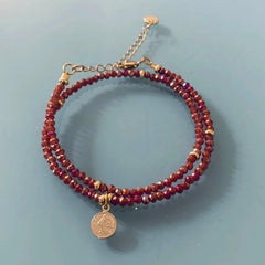 Clover Lucky Coin Bracelet With Ruby Indian Beads - Bracelets - British D'sire