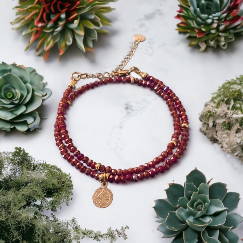 Clover Lucky Coin Bracelet With Ruby Indian Beads - Bracelets - British D'sire