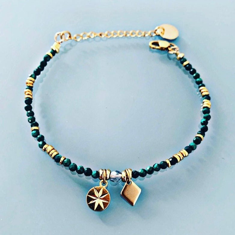 Clover Malachite and Wind Rose Bracelet | Women's Bracelet Bracelet | Magical Natural Stones and Heishi Beads | 24K Gold Plated | Golden Bracelet - Bracelet - British D'sire