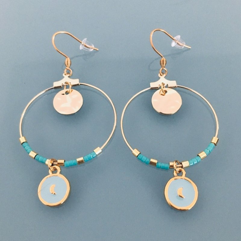 Clover Moon Hoop Earrings | Golden Moon Hoop Earrings | Turquoise and Gold Beads | Jewelry for Women | Golden Hoop Earrings | Golden Jewelry | Gift Jewelry | Women's Gift | Jewelry - Earrings - British D'sire Main image