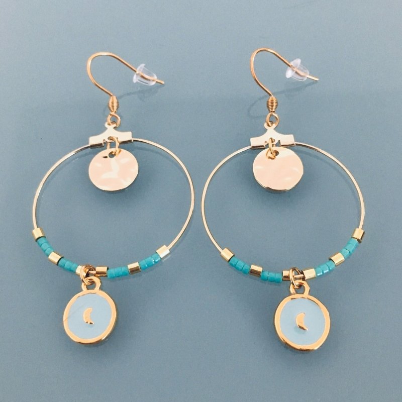 Clover Moon Hoop Earrings | Golden Moon Hoop Earrings | Turquoise and Gold Beads | Jewelry for Women | Golden Hoop Earrings | Golden Jewelry | Gift Jewelry | Women's Gift | Jewelry - Earrings - British D'sire