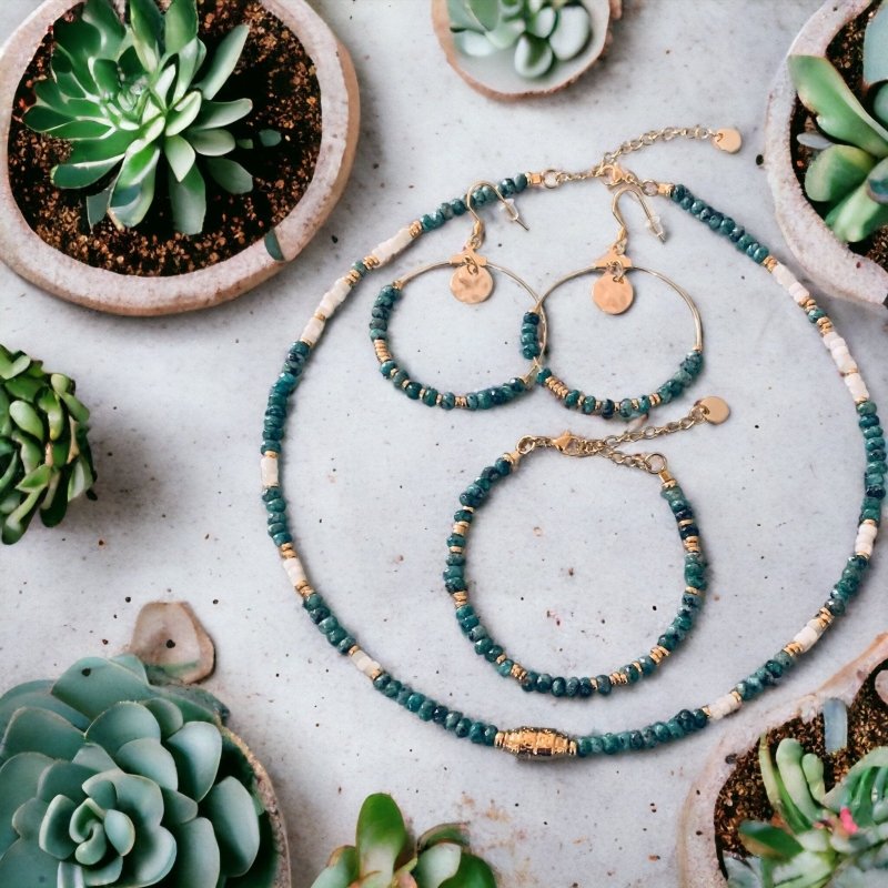 Clover Necklace Bracelet and Pair Of Jade Pearl Hoop Earrings Set - jewelry set - British D'sire Main image