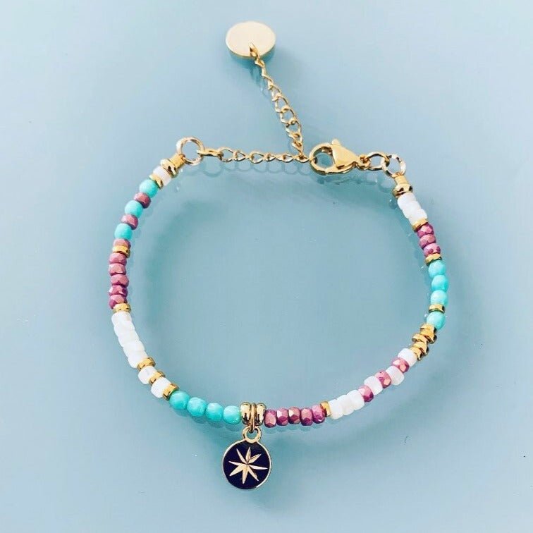 Clover North Star and Pearl Bracelet | Women's Curb Bracelet with Magical Natural Stones and 24k Gold-Plated Heishi Pearls Golden Bracelet - Bracelet - British D'sire Main image