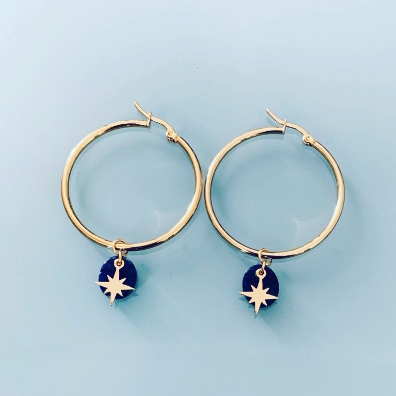 Clover North Star Hoop Earrings | Golden North Star and Lapis Lazuli Hoop Earrings | Women's Earring | Gift Jewelry | Gift Idea - Earrings - British D'sire Main image