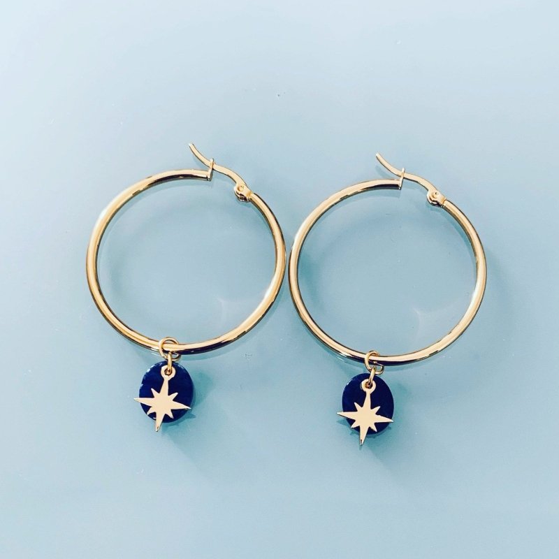 Clover North Star Hoop Earrings | Golden North Star and Lapis Lazuli Hoop Earrings | Women's Earring | Gift Jewelry | Gift Idea - Earrings - British D'sire