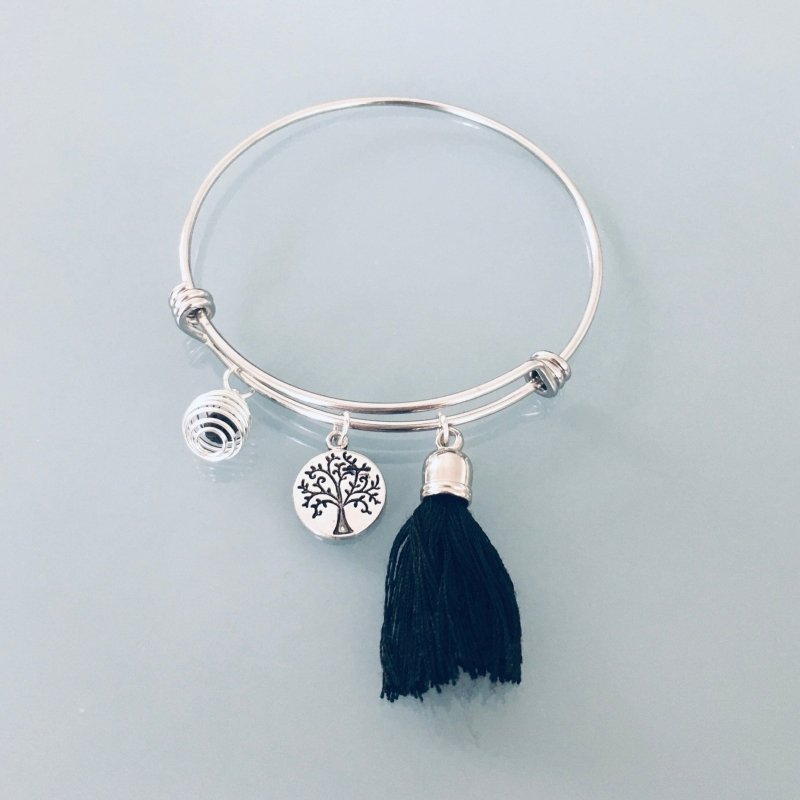 Clover Silver Tree of Life Bangle Bracelet with Pompom and Scented Pearl | Women's Silver Bracelet | Gift idea - Bracelet - British D'sire
