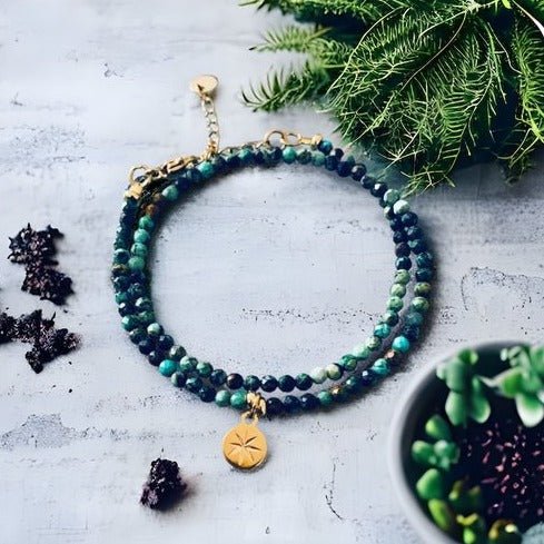 Clover Star Bracelet in African Turquoise | Women's Curb Bracelet with Magical Natural Stones and 24K Gold Plated Heishi Beads - bracelet - British D'sire