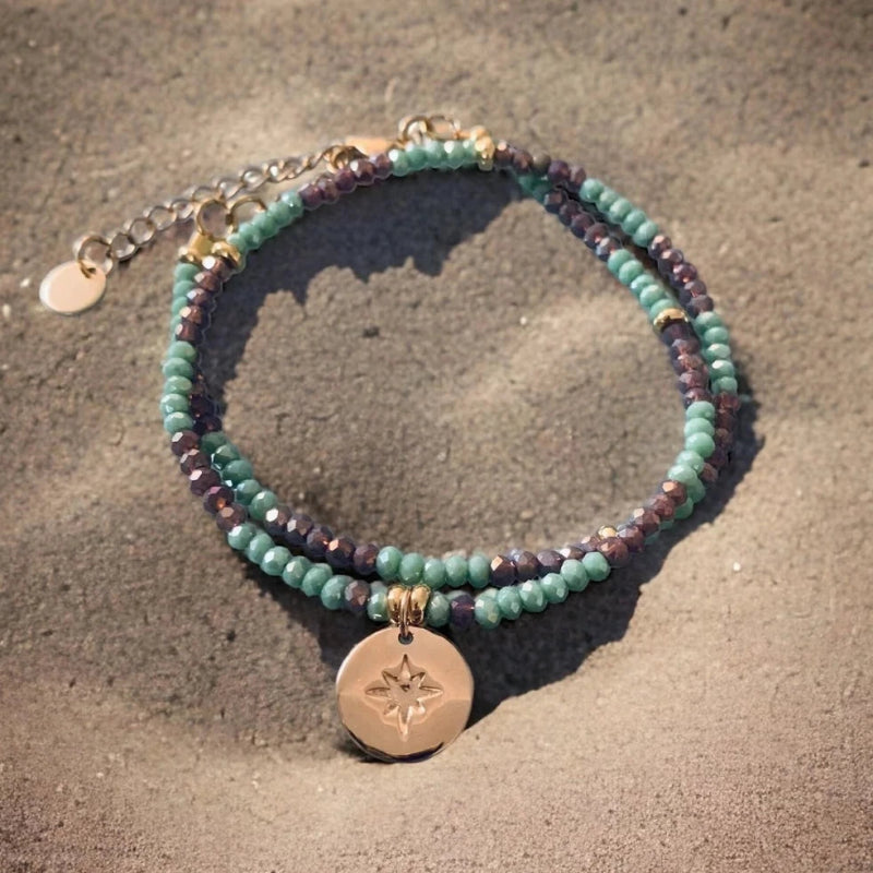 Clover Star Bracelet With Green and Purple Indian Beads - Bracelet - British D'sire