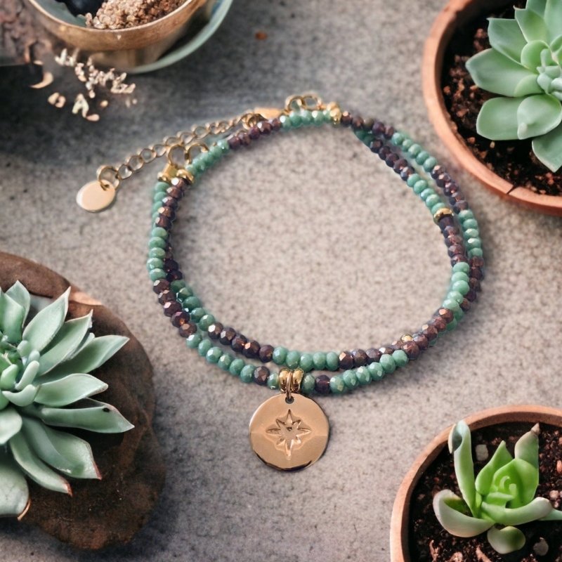 Clover Star Bracelet With Green and Purple Indian Beads - Bracelet - British D'sire