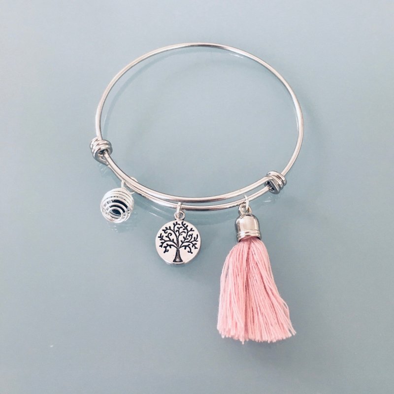 Clover Tree of Life Bangle Bracelet With Pink Pompom and a Scented Pearl | Women's Silver Bracelet | Gift Jewelry | Silver Bangle - Bracelet - British D'sire