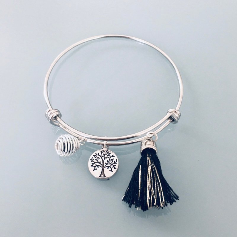Clover Tree of Life Silver Bangle Bracelet | Pompom and a Perfume Bead | Women's Silver Bracelet - Bracelet - British D'sire