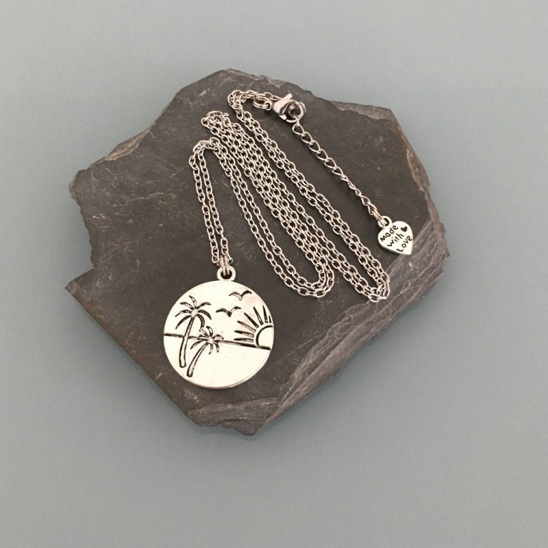 Clover Women's Palm Tree Pendant Long Necklace in Stainless Steel | Palm Tree Necklace | Palm Tree Jewelry | Long Necklace | Women's Jewelry | Women's Cad Idea | Gift Jewelry - Necklace - British D'sire