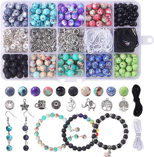 Colle 419pcs Lava Stone Beads kit, 8mm Chakra Beads Bracelet Making Kit, Crystal Beads Jewellery Making Kit with Alloy Spacer Beads, DIY Craft Kit for Bracelet Necklace Earrings - Jewellery Accessories - British D'sire Main image