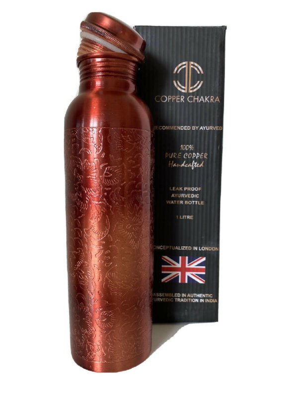 Copper Chakra 1L Superior Quality Flask Artisan Made Engraved Pure Solid Copper Water Bottle- Aid Digestion and Gut health! Antique finish - Bottles & Thermos - British D'sire