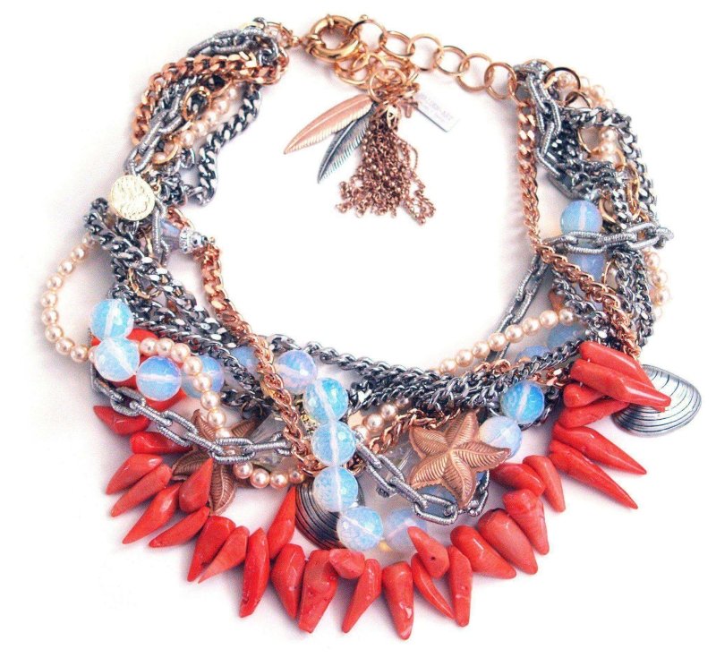 Coral and opalite stones bib necklace - Necklaces - British D'sire
