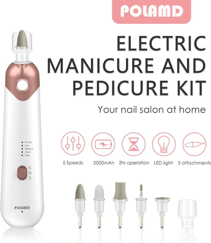 Cordless Manicure and Pedicure Set, Rechargeable Electric Nail Files, 5-Speed, LED Light, Durable Attachments, Excellent Home Use Electric Nail Drill for Cuticles Hard Skin Removal - Skin Care Kits & Combos - British D'sire