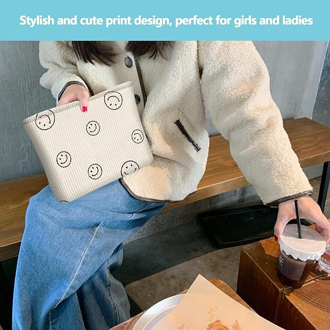 Corduroy Makeup Bag Toiletry Bags for Wome Adorable Cosmetic Pouch Smiley Face Makeup Bag Portable Travel Organiser Bag Necessaire for Women and Girls (Creamy-White) - British D'sire