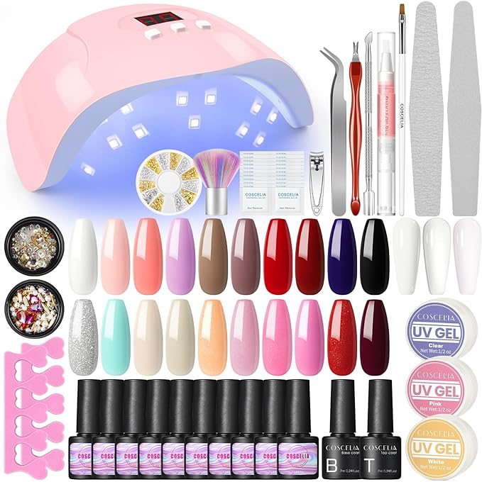 COSCELIA Complete Gel Nail Kits Full Set for Beginners 20 Colours Gel Nail Kit with U-V/LED Lamp for Nails 36W with 15ml U-V Gel Manicure Accessories Kit - British D'sire