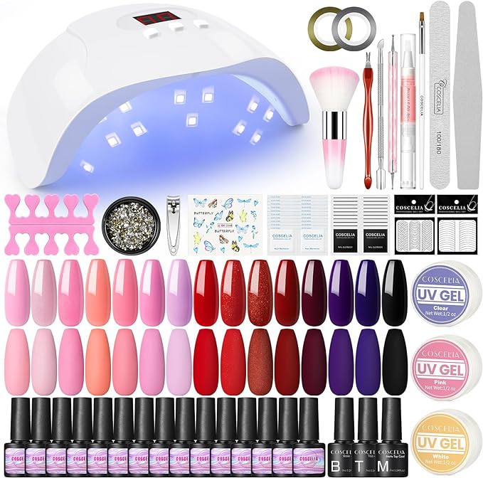 COSCELIA Gel Nail Beginner Kit Nail Polish Kit 15pcs U-V/LED Semi-Permanent Gel Nail Polish Kit with 36W Lamp for U-V Gel Nails for DIY Salon at Home - British D'sire
