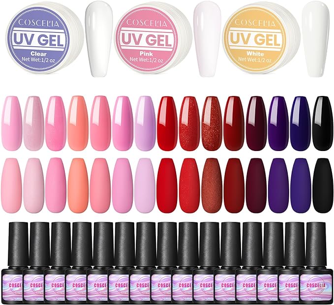 COSCELIA Gel Nail Beginner Kit Nail Polish Kit 15pcs U-V/LED Semi-Permanent Gel Nail Polish Kit with 36W Lamp for U-V Gel Nails for DIY Salon at Home - British D'sire