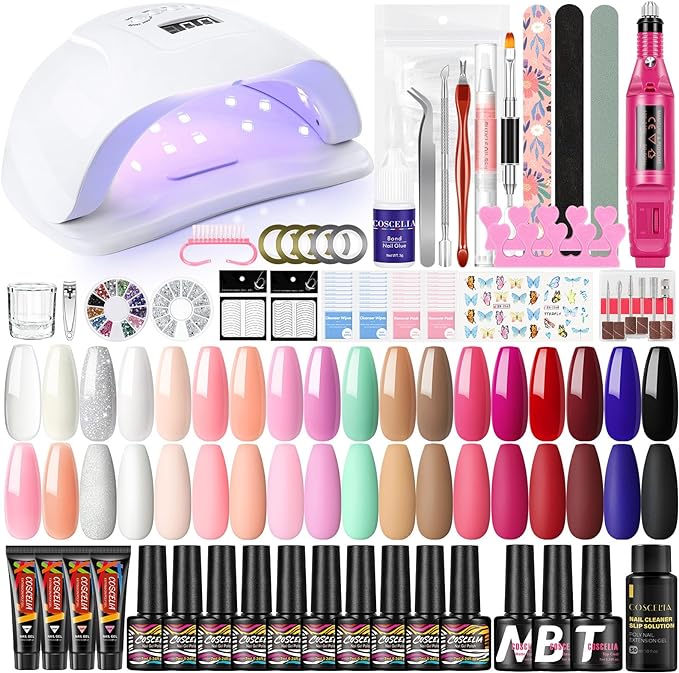 COSCELIA Gel Nail Polish Kit with Electric Nail File, 16 Colours Gel Polishes Set and 4 Colours Poly Nail Gel with 80W Nail Lamp Nail Drill Starter Kit Top Base Matte Coat Gel Polish Manicure Tools - British D'sire