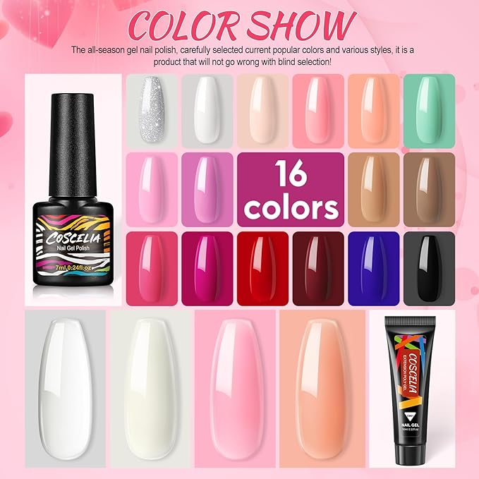 COSCELIA Gel Nail Polish Kit with Electric Nail File, 16 Colours Gel Polishes Set and 4 Colours Poly Nail Gel with 80W Nail Lamp Nail Drill Starter Kit Top Base Matte Coat Gel Polish Manicure Tools - British D'sire