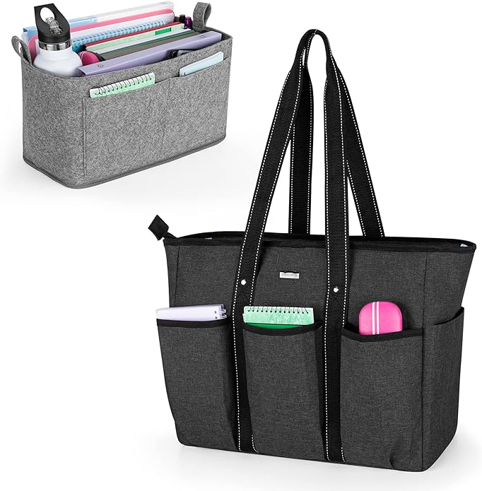 Damero Teacher Bag with Felt Organiser Insert, Teacher Utility Tote Bag with Laptop Sleeve for Work Travel School - British D'sire