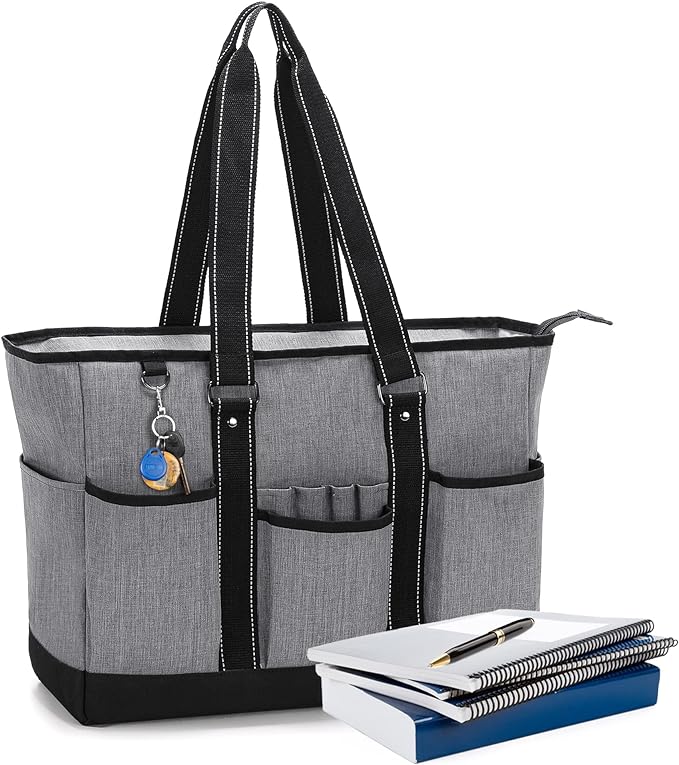Damero Teacher Tote Bag with Padded Laptop Sleeve, Teacher Work Bag, Teacher Utility Bag with Multiple Pockets for School, Work, Grey - British D'sire