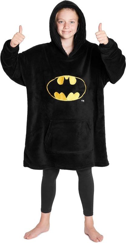 DC Comics Batman Oversized Hoodie Blanket Kids and Teens Fleece Hoodie Super Soft Fluffy Blanket Hoodie Official Merchandise Gifts for Boys (Black) - British D'sire