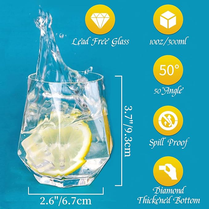 Diamond Whiskey Glasses Set of 2 Water Juice Tumbler Tilted Scotch Glass 300ml Whisky Glass Modern Look for Men Women, Dad, Husband, Friends, Glassware for Bourbon/Rum/Bar Tumbler - British D'sire