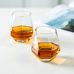 Diamond Whiskey Glasses Set of 2 Water Juice Tumbler Tilted Scotch Glass 300ml Whisky Glass Modern Look for Men Women, Dad, Husband, Friends, Glassware for Bourbon/Rum/Bar Tumbler - British D'sire