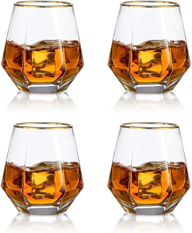 Diamond Whiskey Glasses Set of 2 Water Juice Tumbler Tilted Scotch Glass 300ml Whisky Glass Modern Look Glassware for Bourbon/Rum/Bar Tumbler - British D'sire