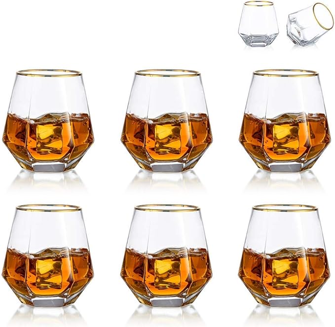 Diamond Whiskey Glasses Set of 2 Water Juice Tumbler Tilted Scotch Glass 300ml Whisky Glass Modern Look Glassware for Bourbon/Rum/Bar Tumbler - British D'sire