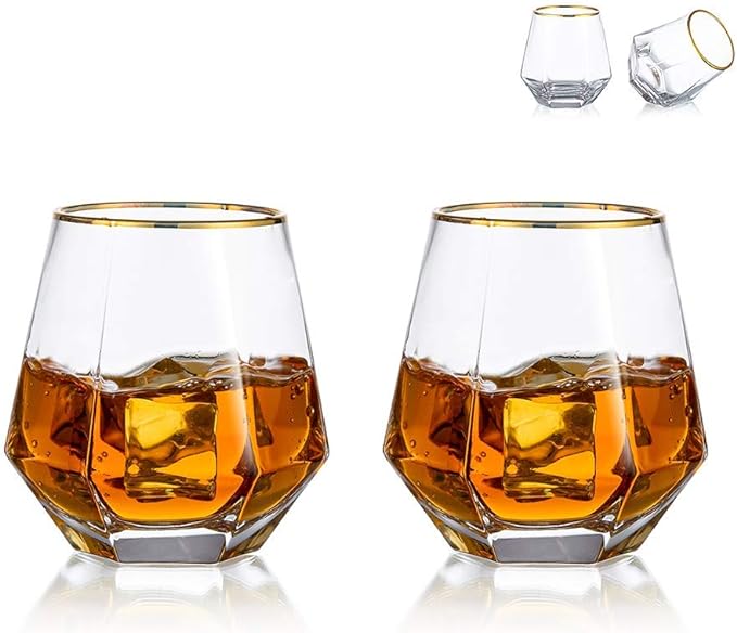 Diamond Whiskey Glasses Set of 2 Water Juice Tumbler Tilted Scotch Glass 300ml Whisky Glass Modern Look Glassware for Bourbon/Rum/Bar Tumbler - British D'sire