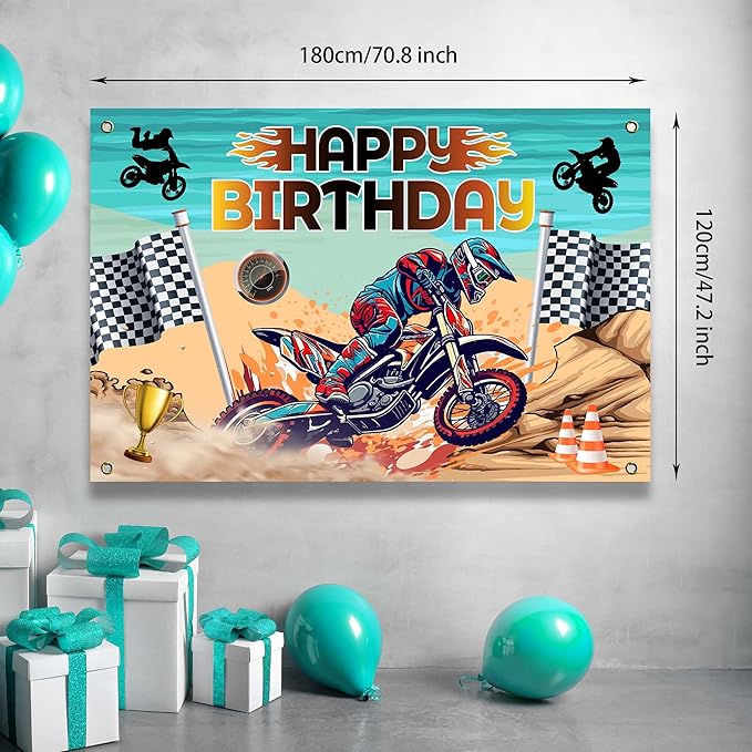 Dirt Bike Happy Birthday Party Banner Backdrop Motocross Racing Competition Checkered Extreme Sports Theme Decor for Riders Boys Girls Birthday Party Favors Decorations Supplies 70.8x47.2in-BECKTEN - British D'sire