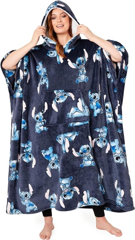 Disney Stitch Blanket Hoodie for Women and Teenagers - Cosy Oversized Fleece Poncho One Size Sherpa Hood - Stitch Gifts Navy - British D'sire