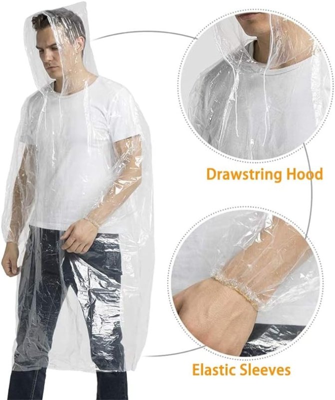 Disposable Rain Ponchos, 5 Pack Adults Emergency Raincoats Waterproof Ponchos Transparent Lightweight Rain Coats with Drawstring Hood for Disney, Festivals, Camping, Fishing - British D'sire