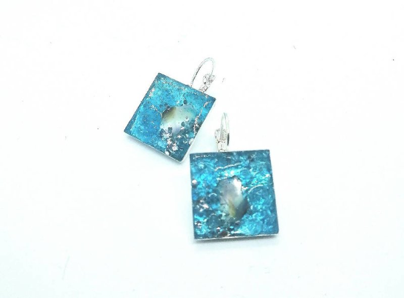 Doodlewrap Designs Square blue glass and abalone earring. - Earrings - British D'sire Main image