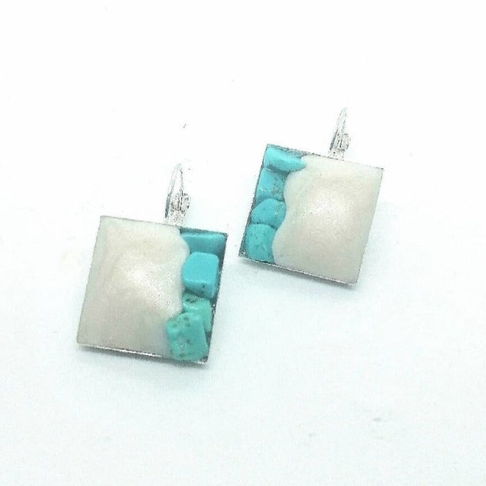 Doodlewrap Designs Square Turquoise and pearl clay earrings - Earrings - British D'sire Main image